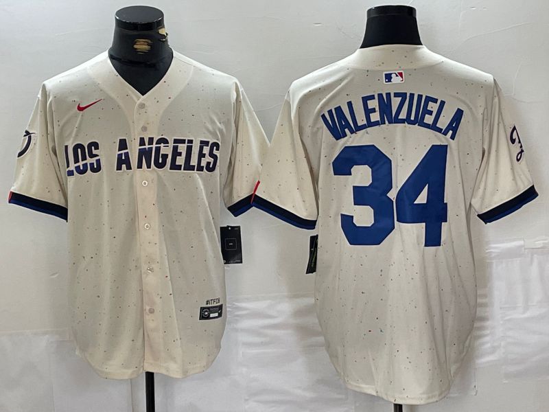 Men Los Angeles Dodgers 34 Valenzuela Cream Fashion Nike Game MLB Jersey style 1